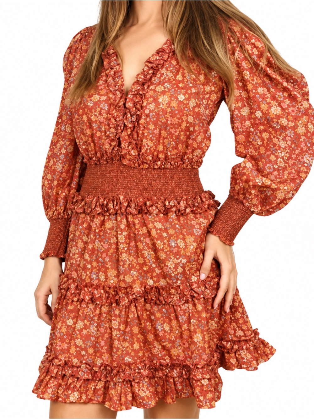 House of Harlow 1960 x Nicole Richie Rust Floral Ruffle Mini Dress – Size M